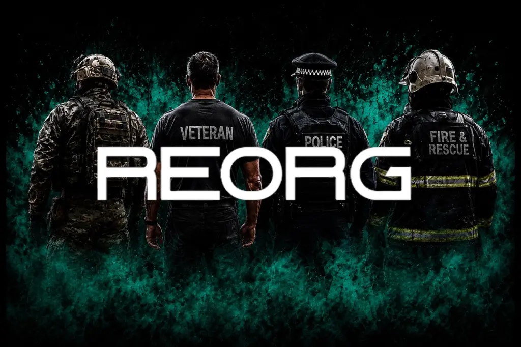 Police, fire, ambulance and military representatives standing together in support of REORG at Praetorian MMA
